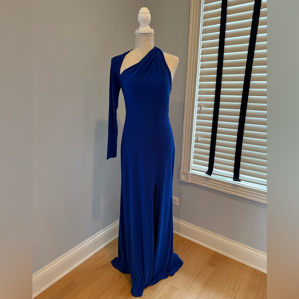 Betsy & Adam floor length navy evening gown